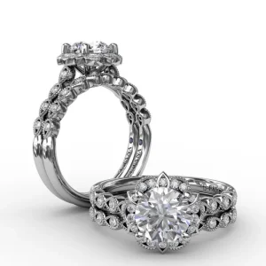 New Fana Round Diamond Engagement With Floral Halo and Milgrain Details