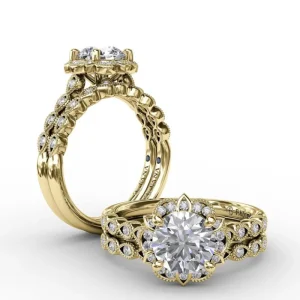 New Fana Round Diamond Engagement With Floral Halo and Milgrain Details