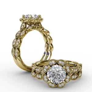 Clearance Fana Round Diamond Engagement Ring With Floral Halo and Milgrain Details