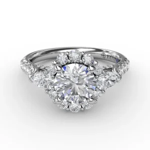 Online Fana Three-Stone Diamond Halo Engagement Ring With Pear-Shape Side Stones