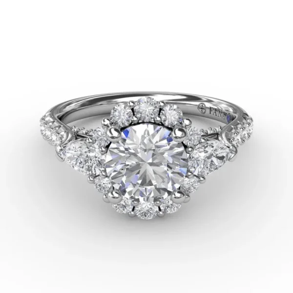 Online Fana Three-Stone Diamond Halo Engagement Ring With Pear-Shape Side Stones