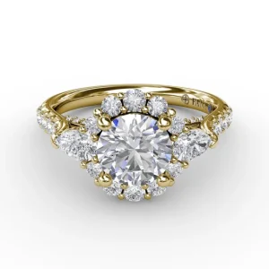 Online Fana Three-Stone Diamond Halo Engagement Ring With Pear-Shape Side Stones