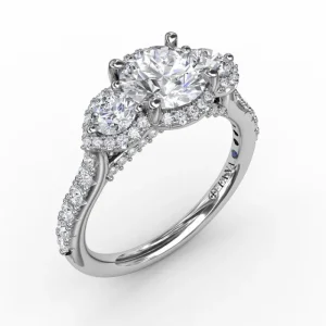 Sale Fana Three-Stone Round Diamond Halo Engagement Ring