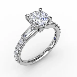 Fashion Fana Three-Stone Round Diamond Engagement Ring With Bezel-Set Baguettes and Diamond Band