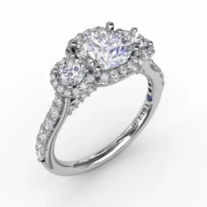 Clearance Fana Three-Stone Round Diamond Halo Engagement Ring