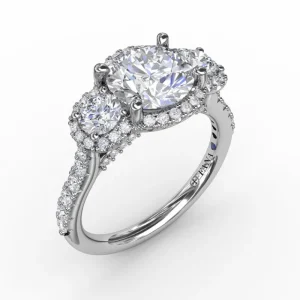 Hot Fana Three-Stone Round Diamond Halo Engagement Ring