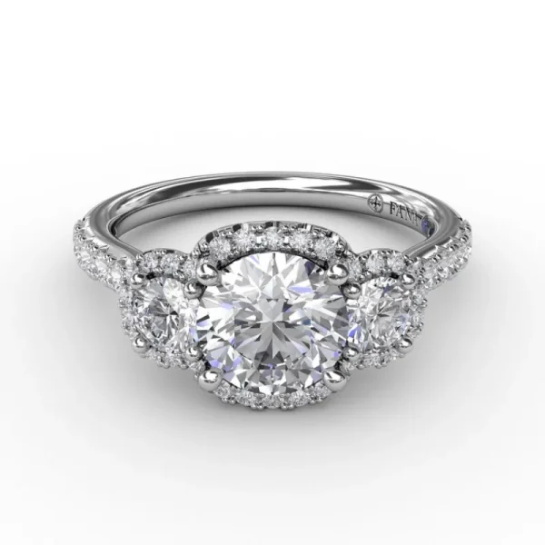 Clearance Fana Three-Stone Round Diamond Halo Engagement Ring