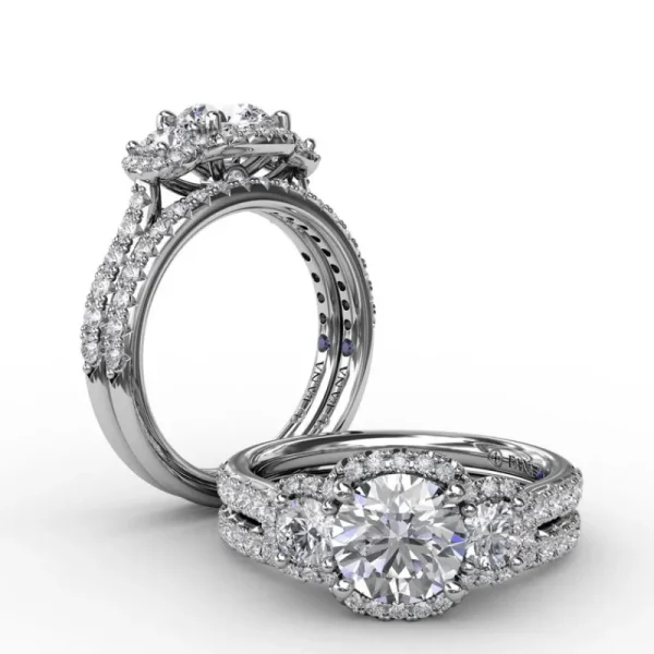 Clearance Fana Three-Stone Round Diamond Halo Engagement Ring