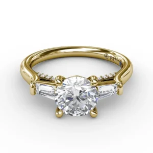 Outlet Fana Three-Stone Round Diamond Engagement Ring With Bezel-Set Baguettes