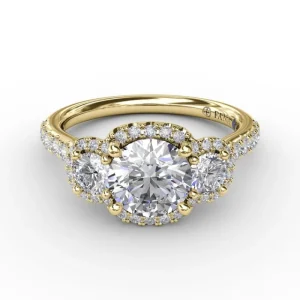 Clearance Fana Three-Stone Round Diamond Halo Engagement Ring